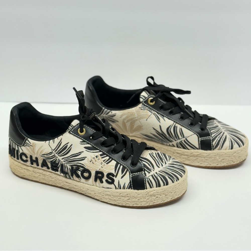 Michael Kors Women’s Espadrille Platform Sneakers Palm Print Black Beige Sz 10M